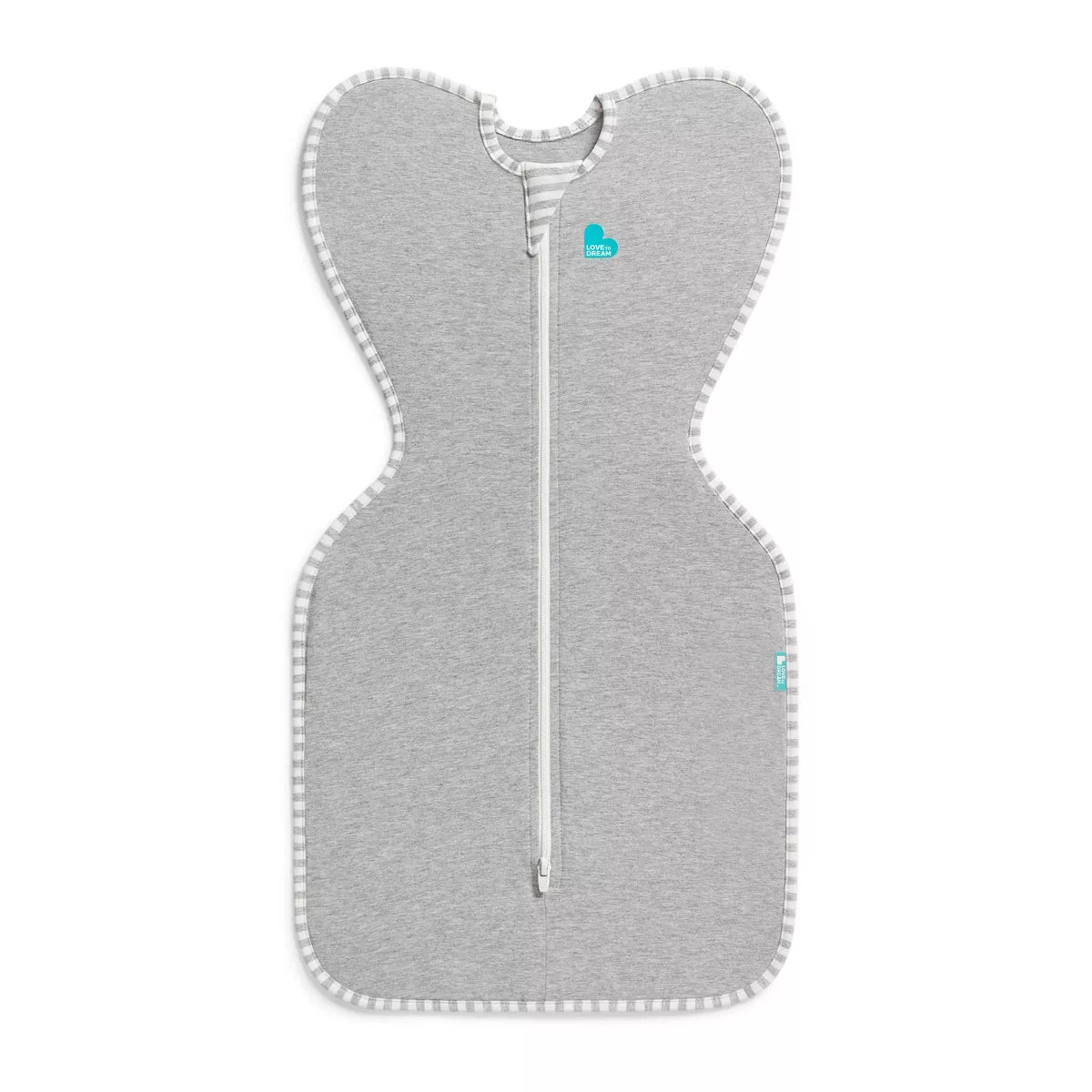 Swaddle gris LOVE TO DREAM, vista frontal con cierre, ideal para bebés